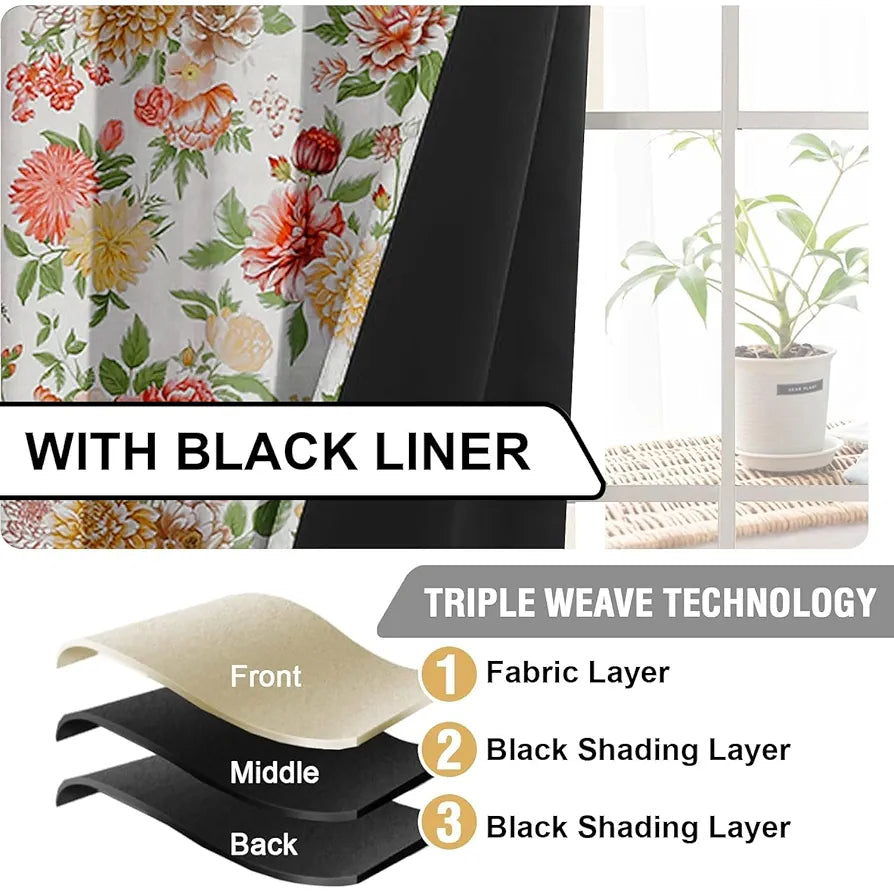 Cloth Fusion Blackout Printed Premium Window Curtains 5 Feet Long Set of 2 Lush Blooms