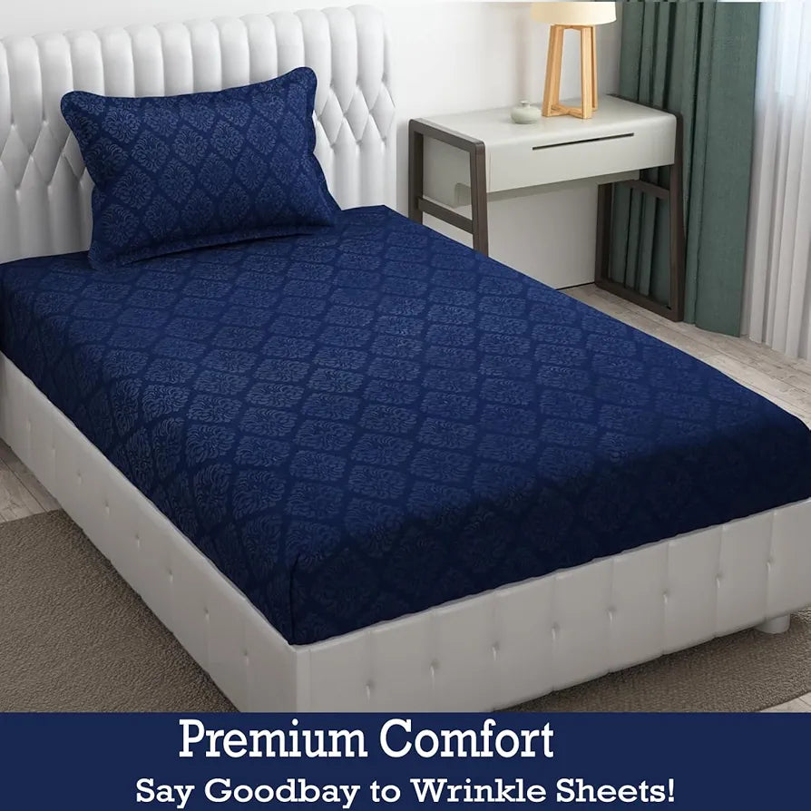 Fresh From Loom Hypoallergenic Rotary Printed Double Bedsheet Single Bedsheet With 1 Pillow Covers 144 TC Navy-Blue Damas