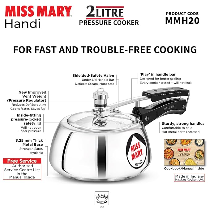 Hawkins 2 Litre Miss Mary Handi Pressure Cooker Small Inner Lid Cooker Silver Aluminium
