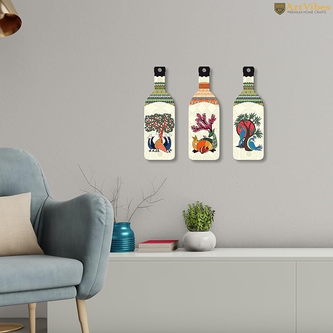 Artvibes Madhubani Art Wooden Wall Hanging for Home Decor | Set of 3
