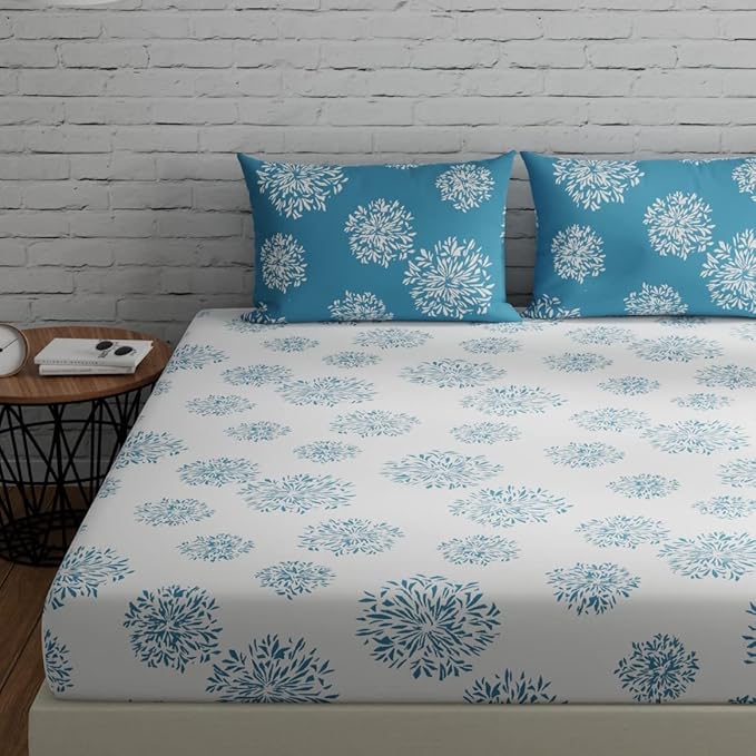 Huesland by Ahmedabad Cotton 144 TC Cotton Bedsheet for Double Bed King Size with 2 Pillow Covers | White & Blue
