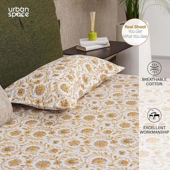Urban Space Serene Bedsheet for Double Bed 2 Pillow Covers (Colour Guldaudi Floral Brown)