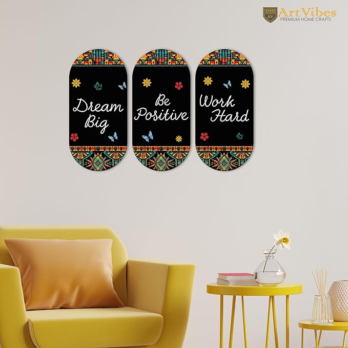Artvibes Dream Big Positive Quotes Printed Wooden Wall Hanger for Home | Modern Decoration Items | Artworks | Set of 3