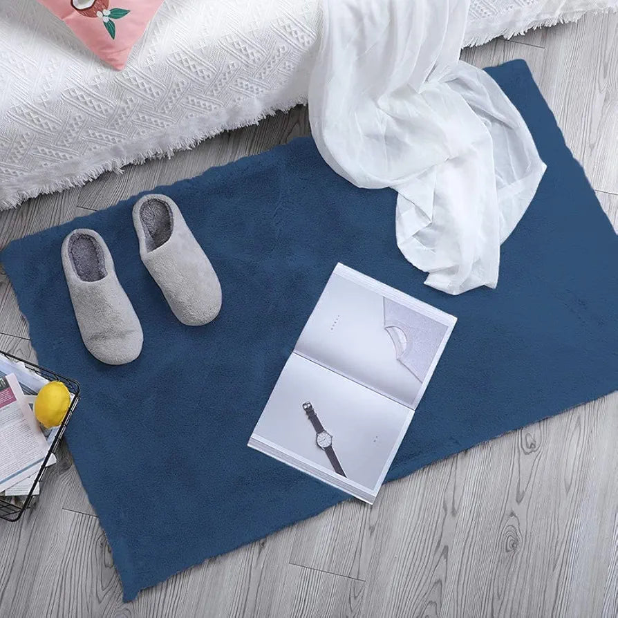 Luxe Home International Ruffle Bath Mat Rabbit Fur 1000 GSM Bathroom Door Rectangular Foot Mats 45X75 CmColour Blue