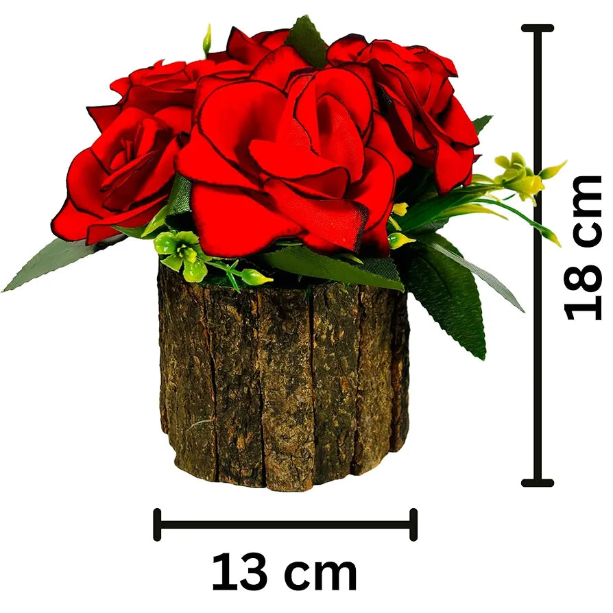Artificial Velvet Rose Fake Flowers Potted Artificial Plants Indoors Natural Wooden Pot