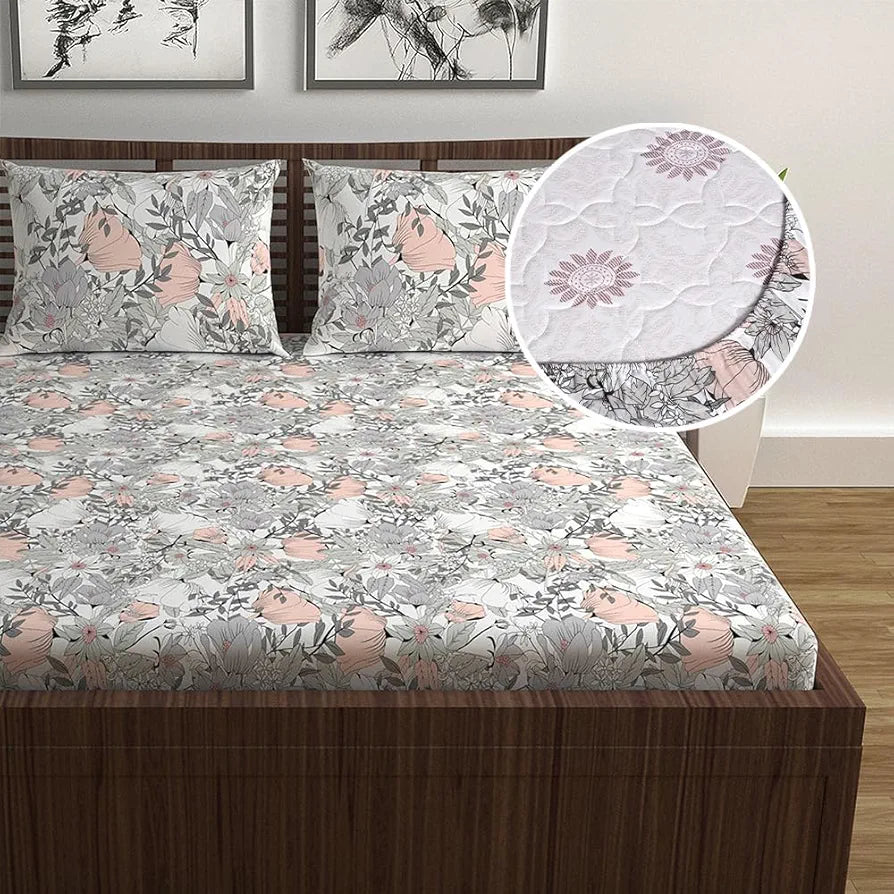 Divine Casa Cotton Classic Floral Bedsheet for Double Bed Elastic Fitted with 2 Pillow Covers  Griffin 144 Tc Colour Peach Nectar