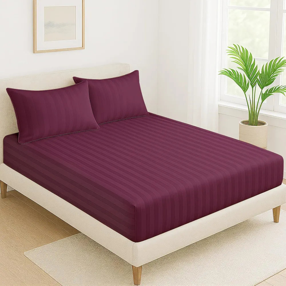 Cloth Fusion Elastic Fitted Glace Cotton Satin Striped Bedsheet Queen Size with 2 Pillow Covers Wine