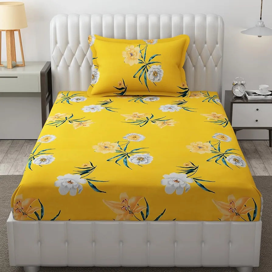 Fresh From Loom Single Bed Floral Design Microfiber Single Bedsheet Bedsheets Bedcover Wrinkle Free Includes 1 Pillow Covers 144 TC Peach Yellow
