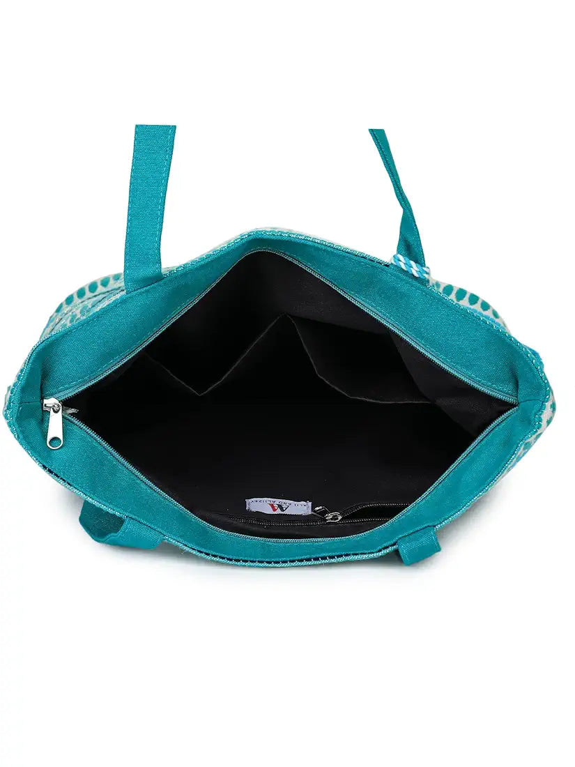 Klondon Alii And Aliizey Tote Bag For Women With Zip Bag Colour Teal Gold