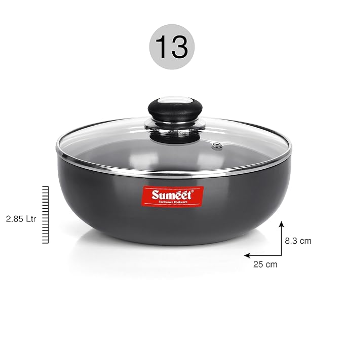 Sumeet 3mm Hard Anodized Deep Tasla with Glass Lid Size No - 13 (25cm Dia. 2.85 Liters)