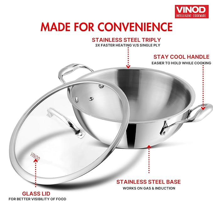 Vinod Platinum Triply Stainless Steel Extra Deep Kadai with Glass Lid 2.5 Litre (22 cm) | 2.5mm Thick | Kadai for Cooking