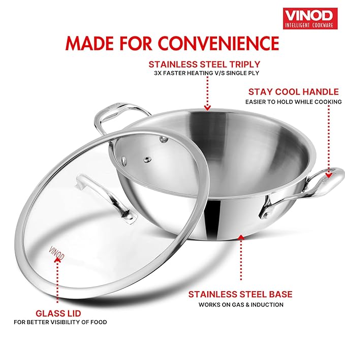 Vinod Platinum Triply Stainless Steel Extra Deep Kadai with Glass Lid 5.5 Litre (30 cm) | 2.5mm Thick | Kadai for Cooking