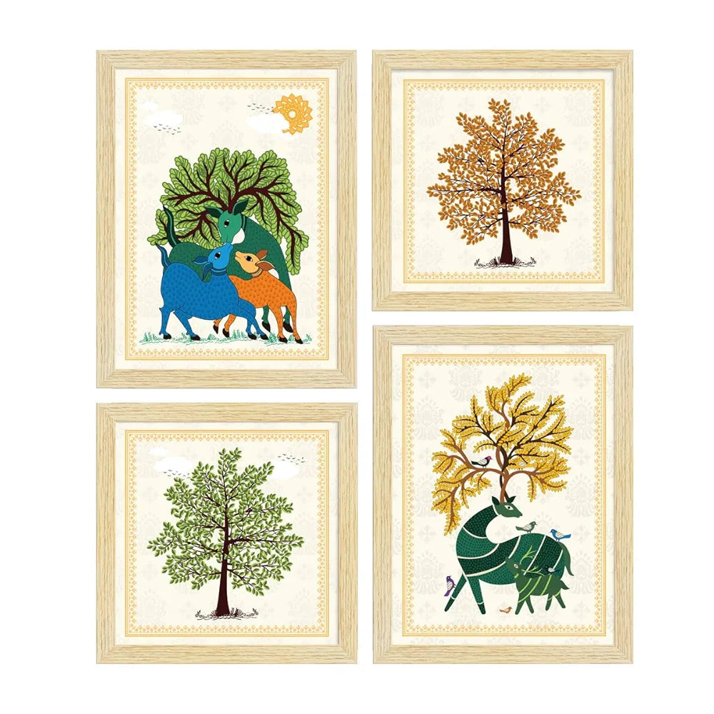 ArtX Paper Gond Art Paintings with Frame Gond-SO4-01 Set of 4