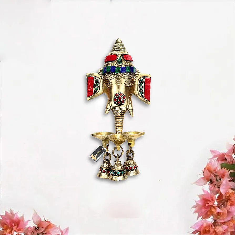 Two Moustaches Gemstone Work Brass Ganesha Wall Hanging Diya with Bells for Home Decor