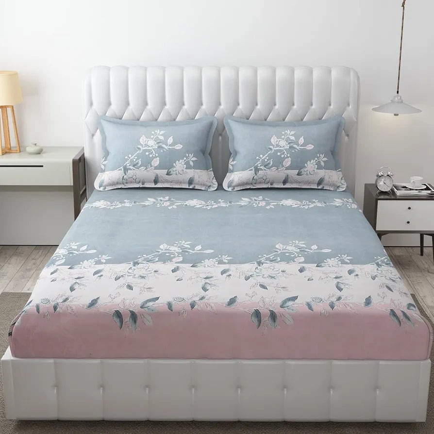 Fresh From Loom Double Bed King Size Floral Design Bed Spread with 2 Pillow Covers 144 TC Walnut Grey