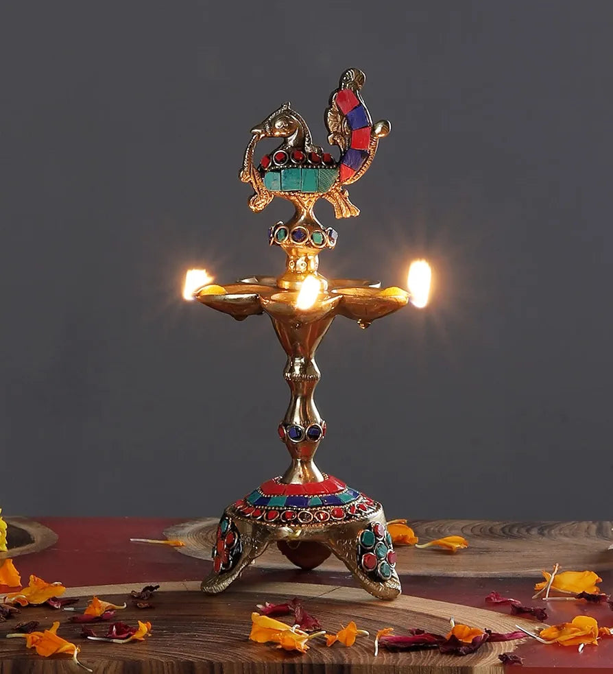 Two Moustaches Gemstone Work Peacock Over Ethnic Carved Legs Five Oil Wick Brass Diya