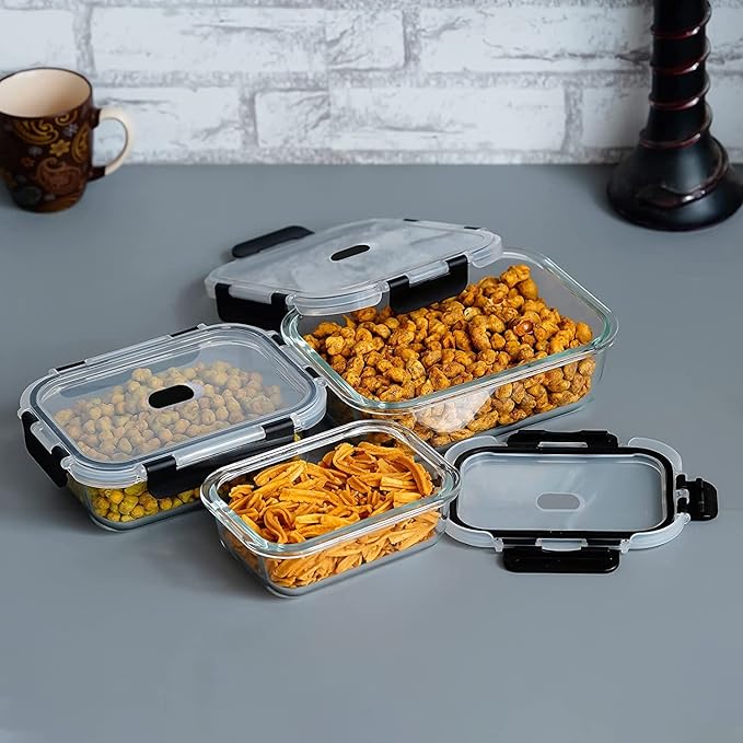 Femora Set of 3 Borosilicate Glass Rectangle Black Container With Dectahable & Break Free Lid, 400 Ml, 620 Ml, 1000ml | Microwave Safe