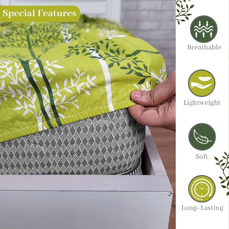 Divine Casa 144 TC Floral Green 100% Cotton Elastic Fitted Bedsheets King Size with 2 Pillow Covers Colour Green