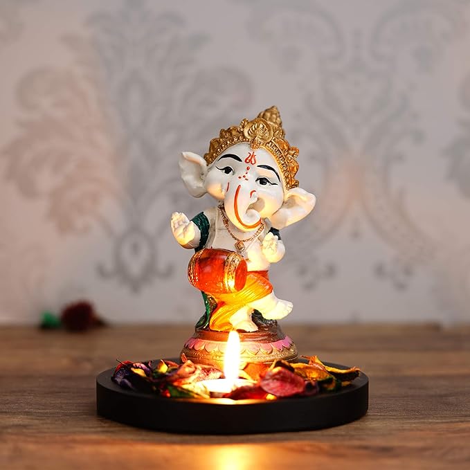Ecraftindia Colorful Polyresin Lord Ganesha Idol Dancing and Playing Dholak Musical Instrument With Wooden Base