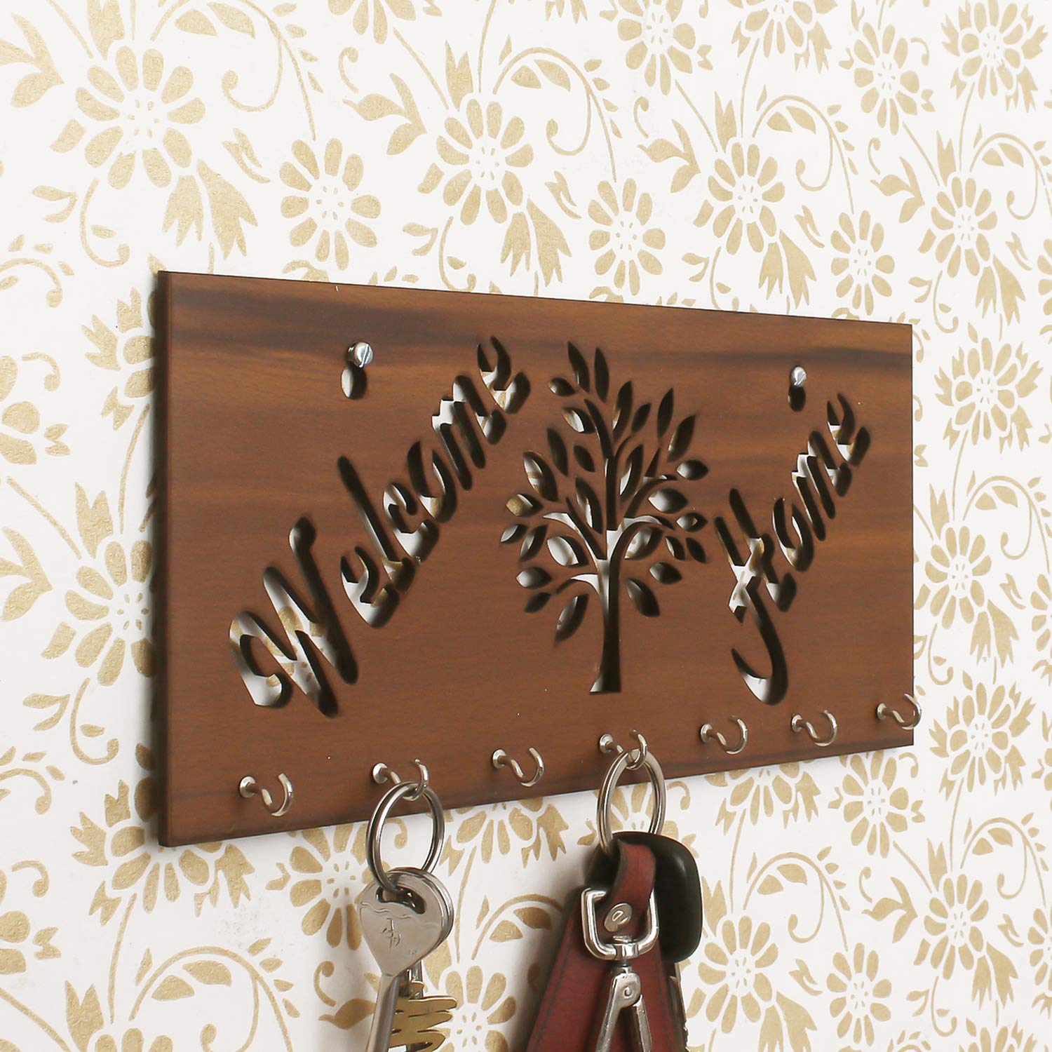 Ecraftindia Welcome Home Theme Wooden Key Holder With 7 Hooks