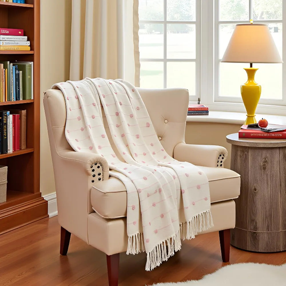 Sajavat Home Hand-Knitted Pure Cotton 3 Seater Sofa Throw Colour Beige & Summer Pink