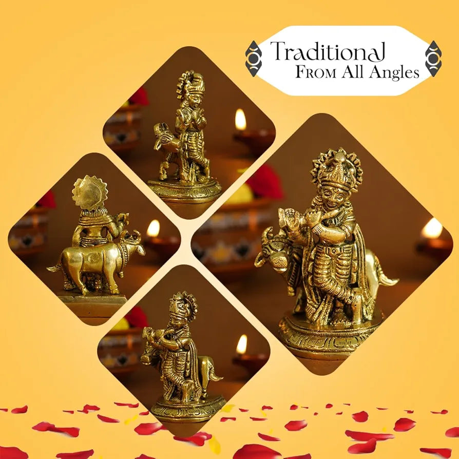 Ekhasa Pure Brass Lord Krishna Idol with Flute Shree Lord Krishna Statue Golden Krishna With Cow