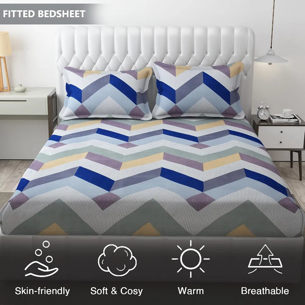 Fresh From Loom Soft Microfiber Fitted Floral Bedsheet King Size Bed With Two Pillow Cover Elastic Fitted 144 Tc Blue Grey