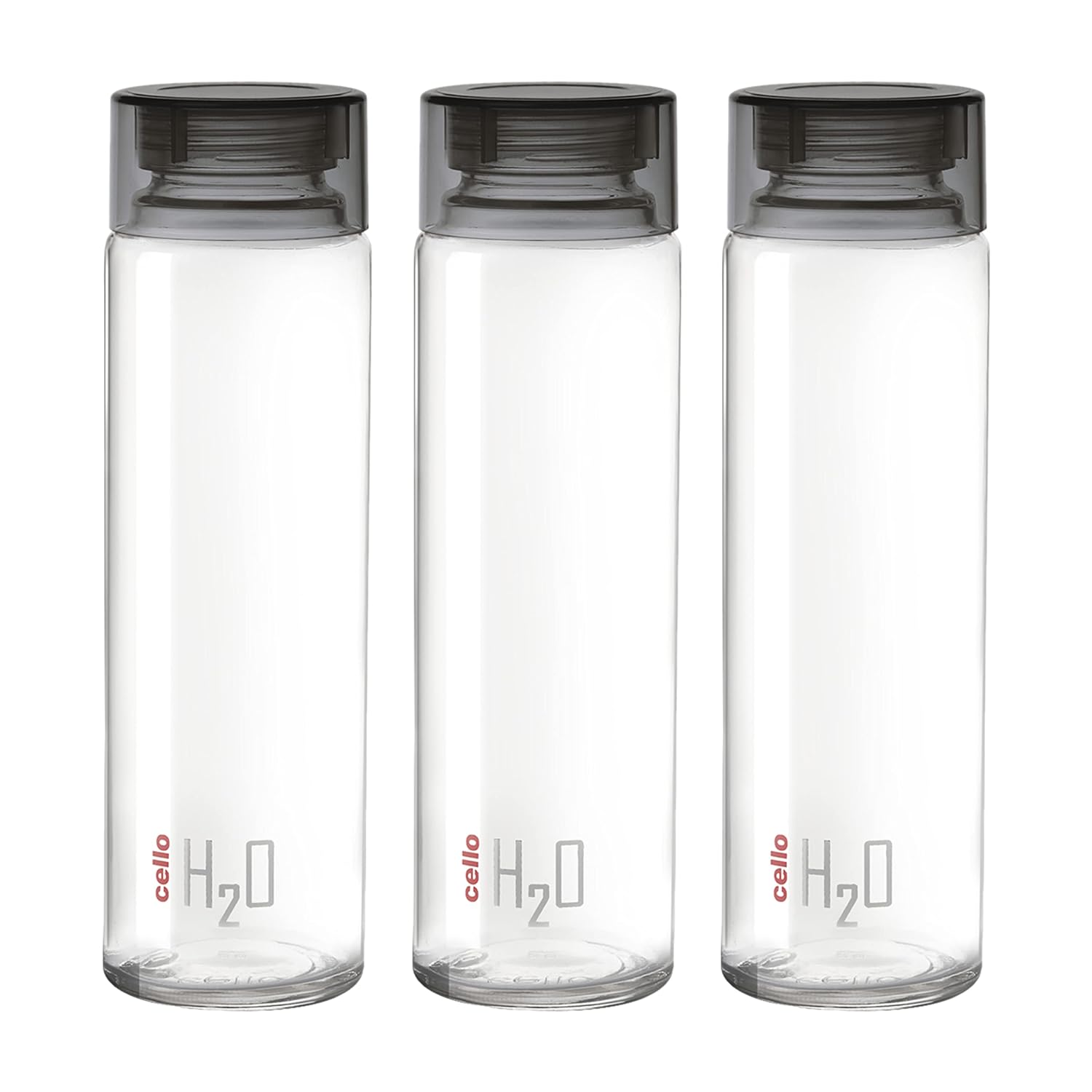 Cello H2O Glass Fridge Water Bottle with Plastic Cap | 920 ml | Set of 3 | Black