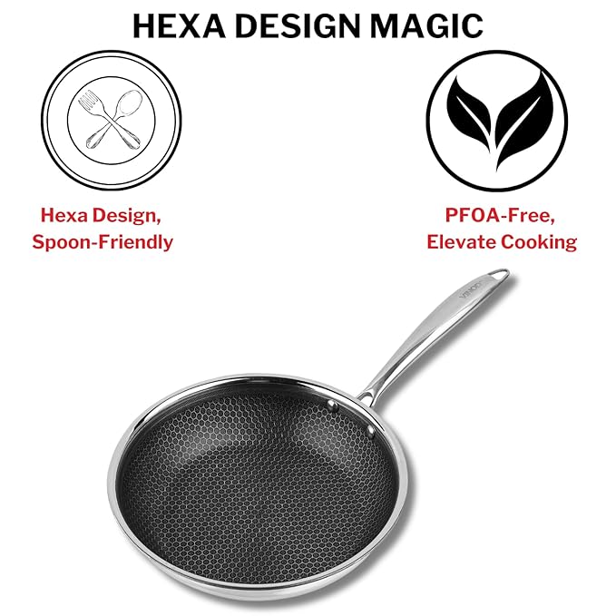 Vinod SAS Pro Platinum Triply Stainless Steel Non Stick Non Stick Frypan - 22 cm | Ceramic Coating | Honeycomb Design | Steel Handle | Induction Base