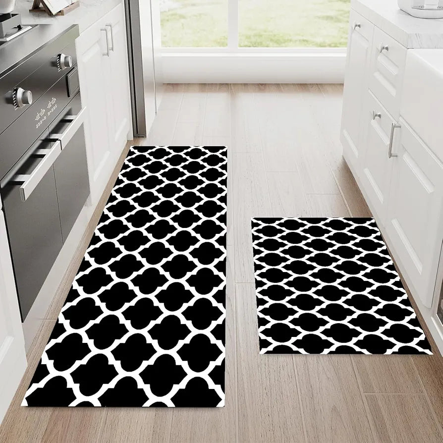 Ishro Home Kitchen Mats For Floor Anti Slip Waterproof Set Of 2 Pcs Colour Black Diamonds
