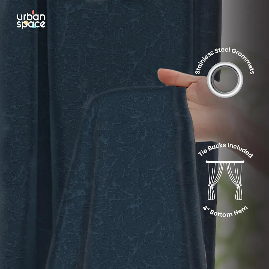 Urban Space Blackout Curtains for Door 7 Feet Long Set of 2, Embossed Abstract Design, 100% Light Blocking Blackout Curtain for Living Room, Curtains with Eyelets and Tieback Earth Crust Navy