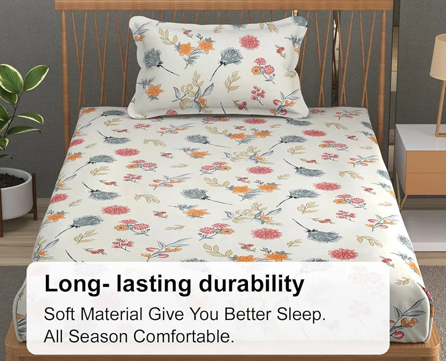 Fresh From Loom Hypoallergenic Floral Print 240 TC Microfiber Single Bed Bedsheet with 1 Pillow Covers Pastel-Cream