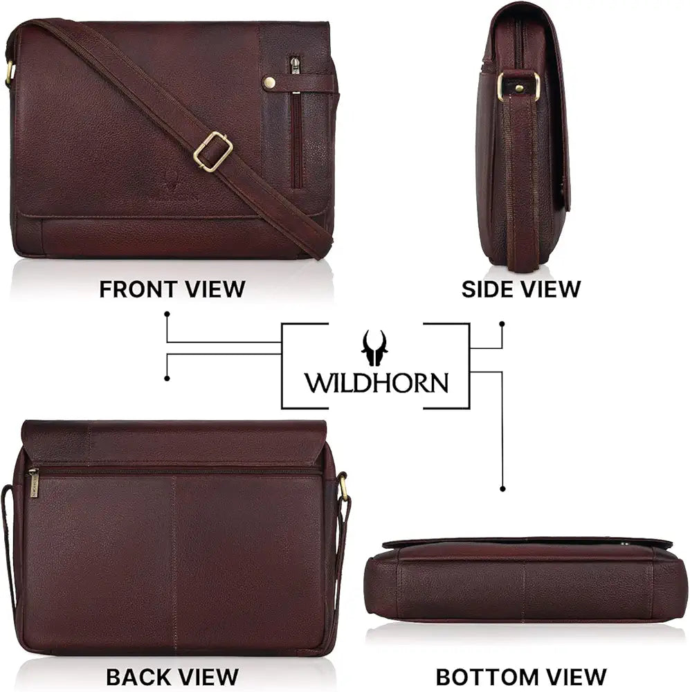 WildHorn Leather Messenger Bag for Men/Office Bag for Men I Padded Laptop Compartment with Adjustable Strap I DIMENSION : L-15 inch W-3 inch H-12 inch