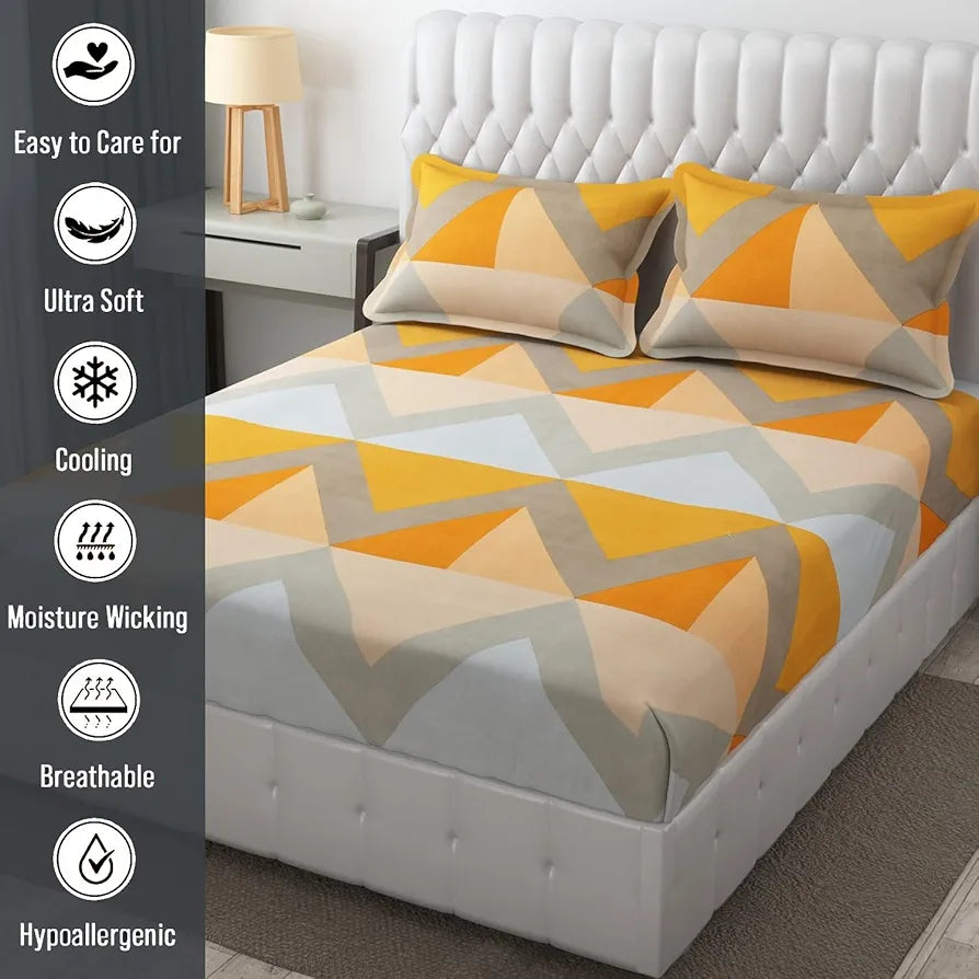 Fresh From Loom Single Bed Floral Design Microfiber Single Bedsheet Wrinkle Free 1 Pillow Covers Included 144 TC Chevron Orange