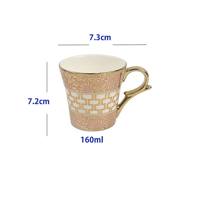 Femora Golden Daisy Finish Ceramic Tea Cups, Coffee Mugs | 160 Ml | Golden | 6 Pcs Set | Not Microwave Safe