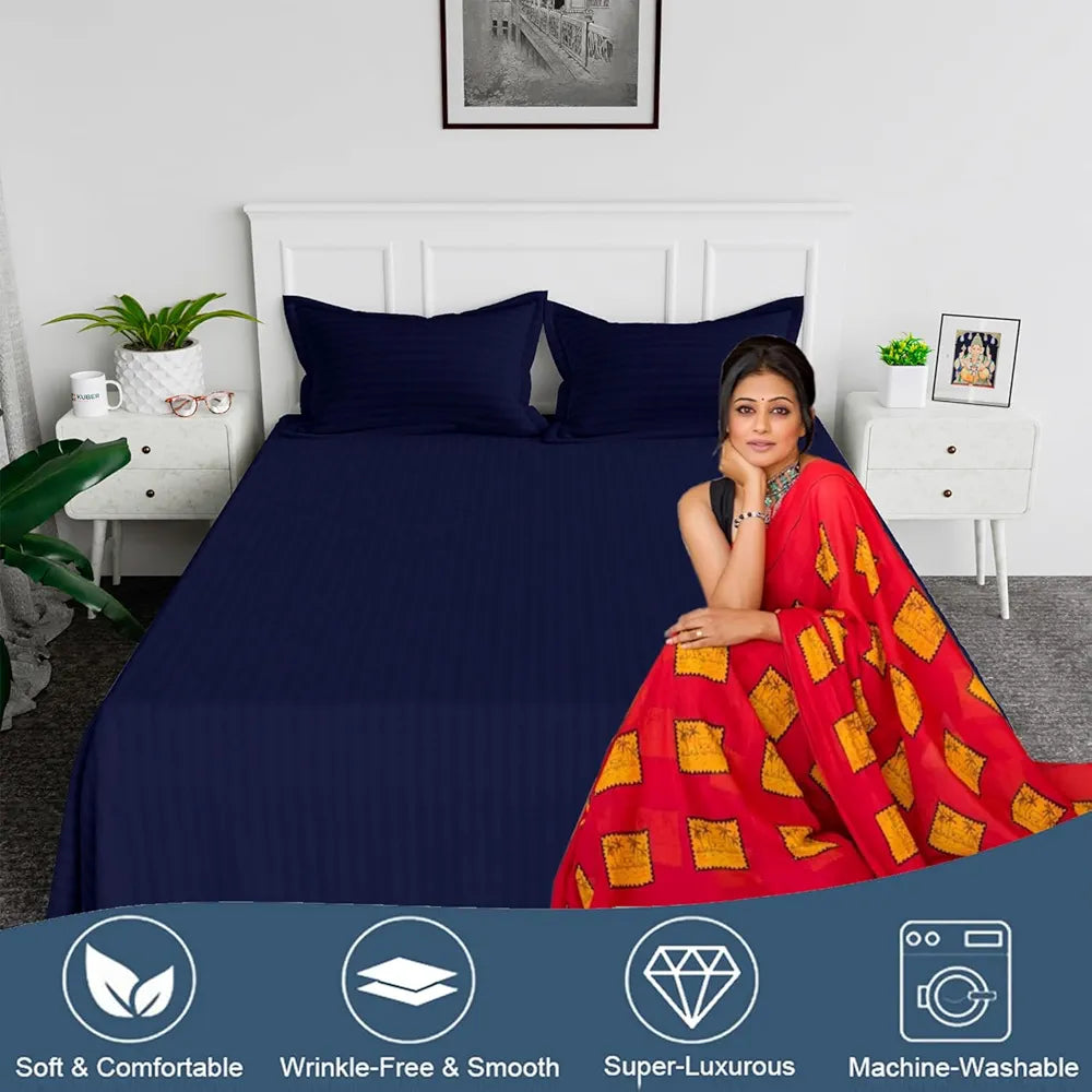 Kuber Industries Double Bedsheet with 2 Pillow Covers 144 TC Glace Cotton Bedsheet Blue