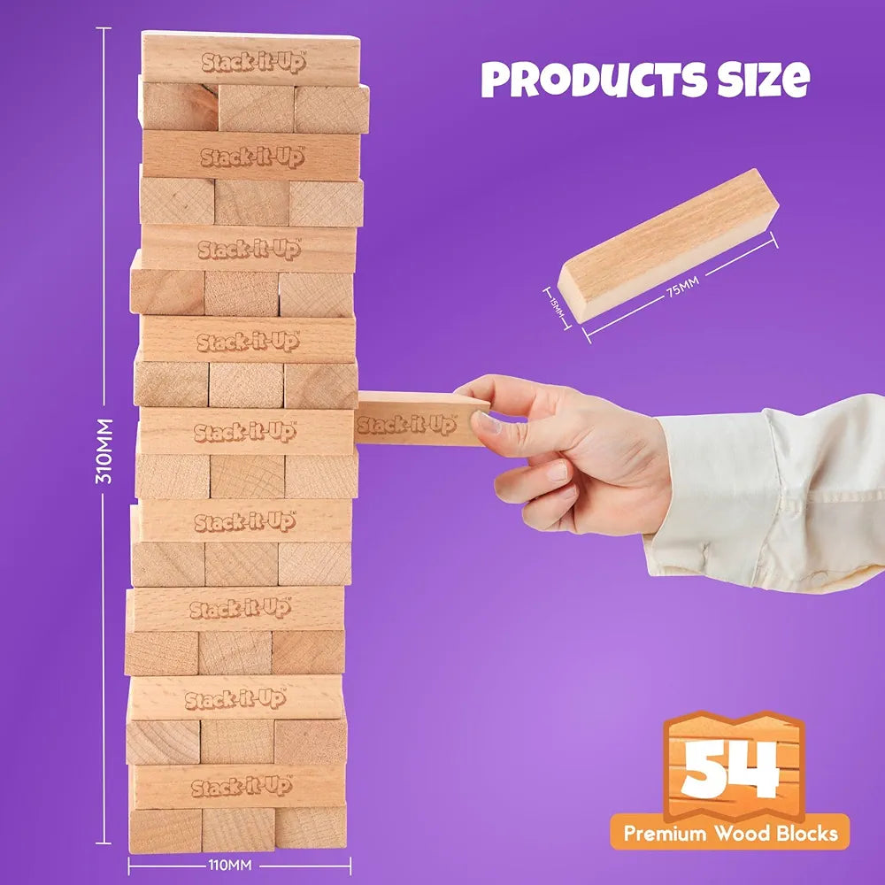 SPARTAN KIDS® Stack-it-Up Game, Premium Stacking Tower for Ages 6+ Years, Fun Family Game & Educational Toy, 54 Premium Wood Blocks, Ideal for Kids & Adults, Stack-it-Up for 2 or More Players