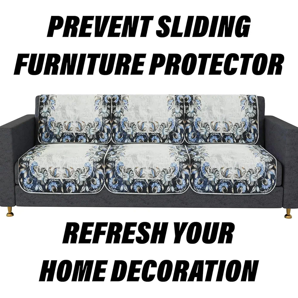 Kuber Industries Sofa Cover Set Blue Digital Flower Sofa Cover 5 Seater Couch Cover Gray