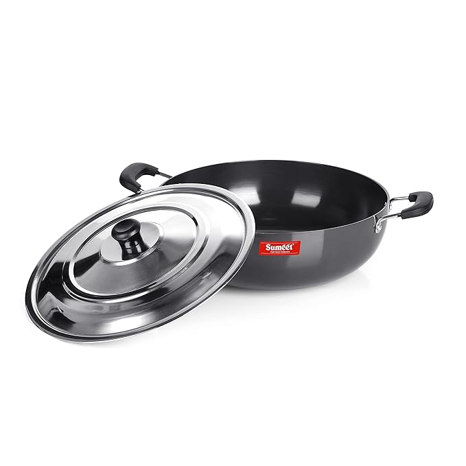 Sumeet 3mm Hard Anodized Deep kadai with Stainless Steel Lid Big Size No 15 28.5cm 4.5 Liter