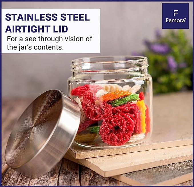 Femora Kitchen Storage Jars Borosilicate Glass With Steel Lid Air Tight Kitchen Jar and Container | 1100 Ml | Pack of 1