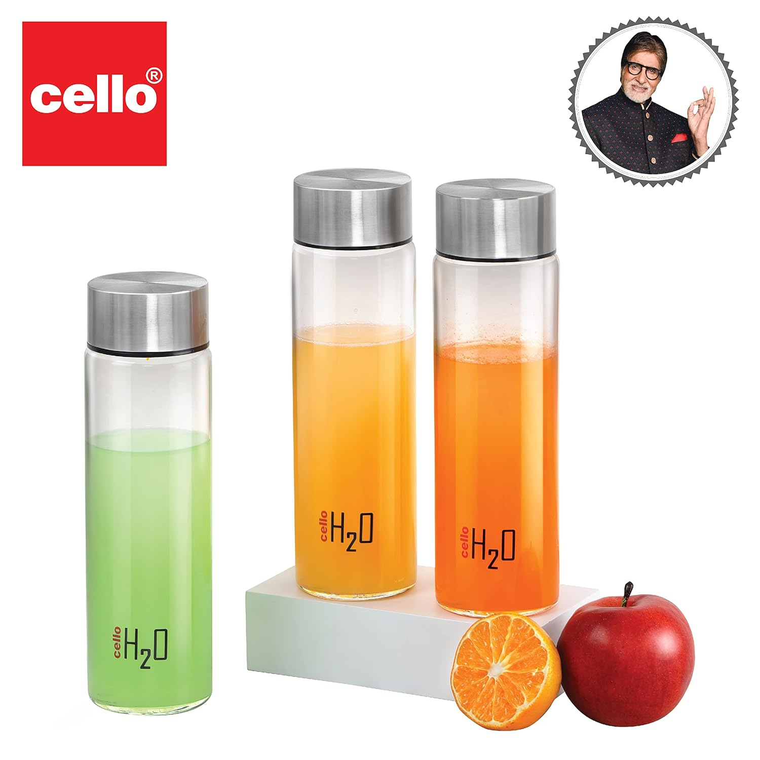 Cello H2o Steelox Glass Water Bottle | 920 Ml | Set of 3 | Silver