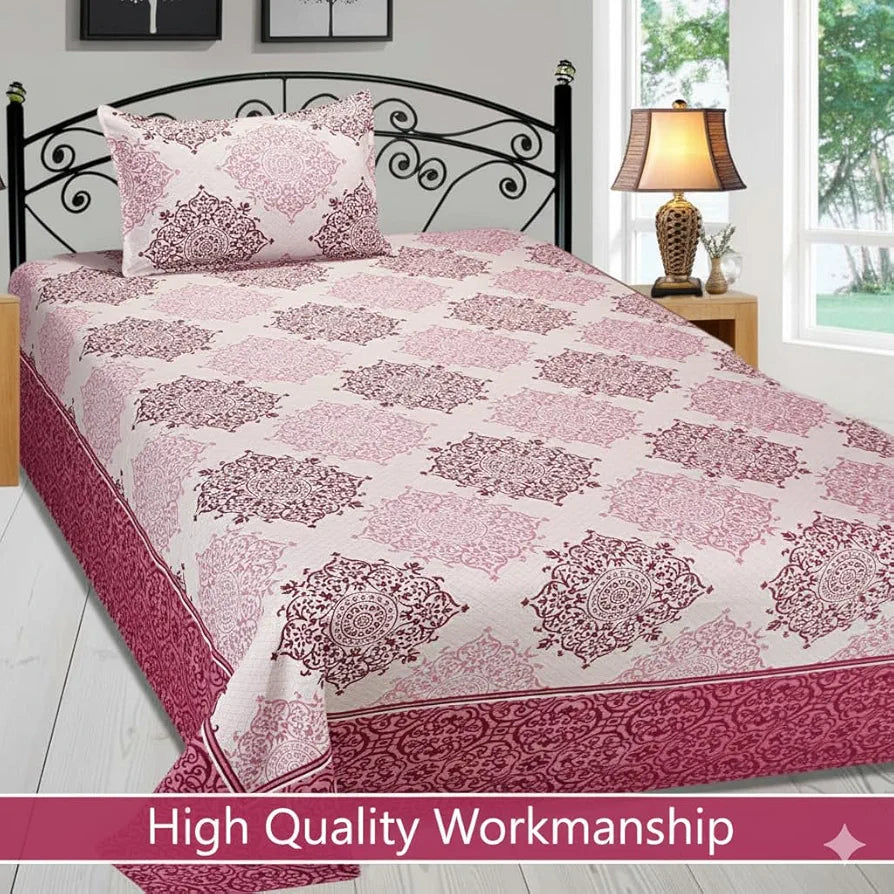 Fresh From Loom Reversible Cotton Bed Sheet Set Single Bedsheet 300 TC Bedsheet with 1 Pillow Covers Wine