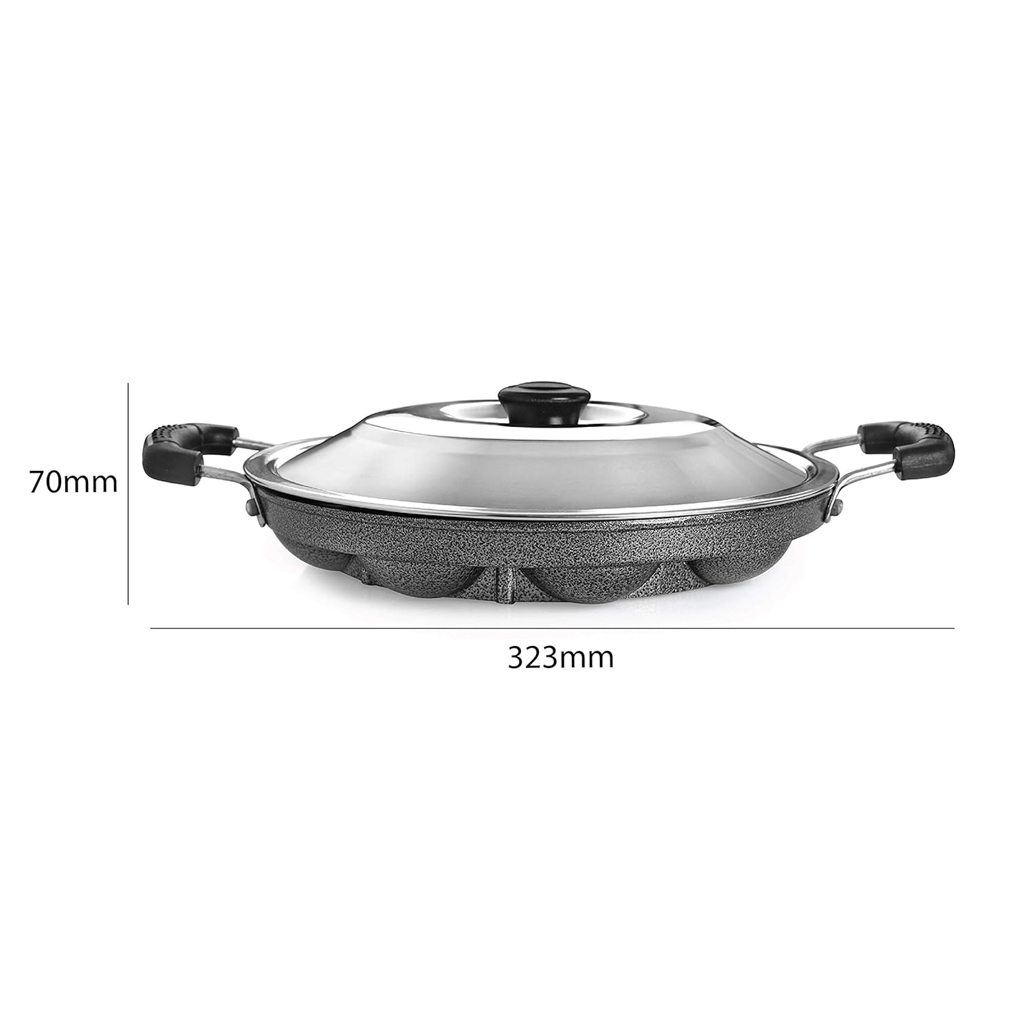 Cello Non-Stick 12 Cavity Grill Appam Patra 2 Side Handle with Stainless Steel Lid | Appam Maker
