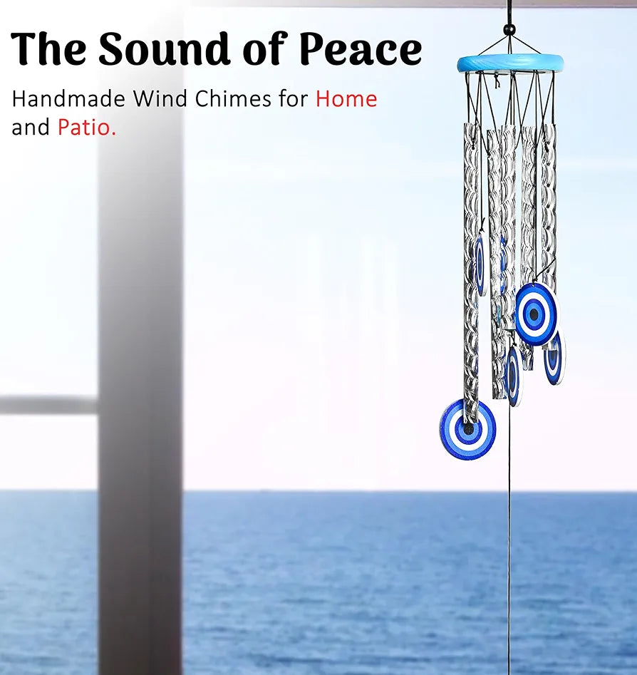 Evil Eye Wind Chimes for Living Room and Bedroom Silver 5-Pipe Wind Chime -013