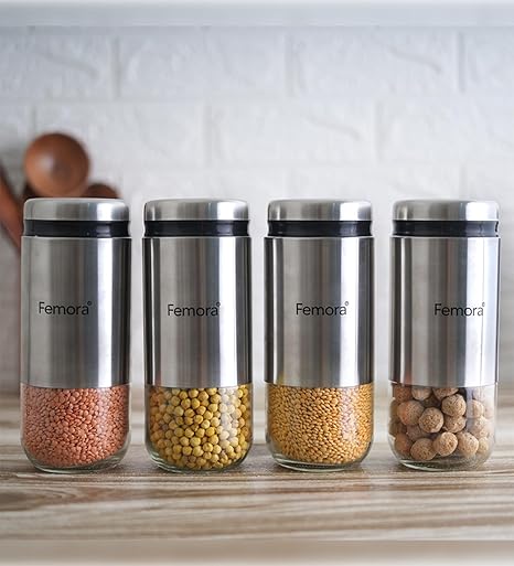 Femora Kitchen Storage Jars Steel Body With See Through Bottom Jar | 900 Ml | Pack of 4