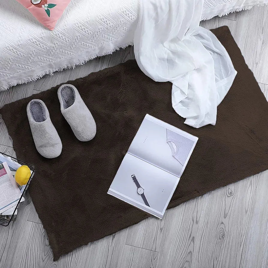 Luxe Home International Rabbit Fur Mat Soft Anti Slip Skid Ruffle Rectangular Mats 45X75 Cm  Colour Chocolate