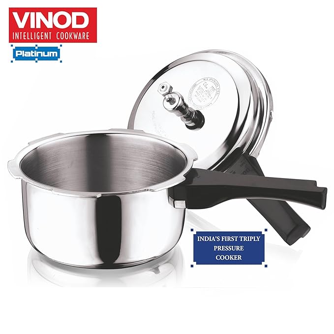 Vinod Platinum Triply Stainless Steel Outer Lid Pressure Cooker - 1. 5 Litres | Induction and Gas Stove Friendly | Silver