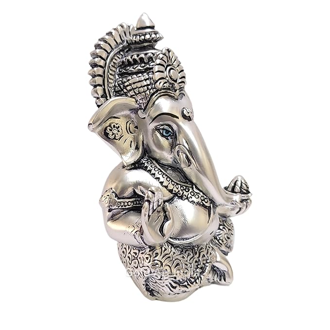 Gold Art India Matte Silver Plated Antique Mukut Ganesha Perfect for Gifting
