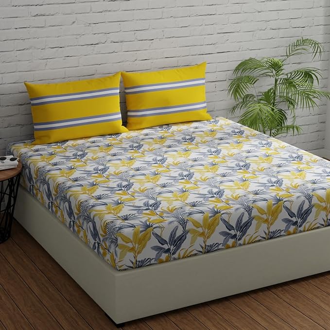 Huesland by Ahmedabad Cotton 144 TC Cotton Bedsheets for King Size Bed with 2 Pillow Covers | Flamingos & Stripes Yellow & Grey