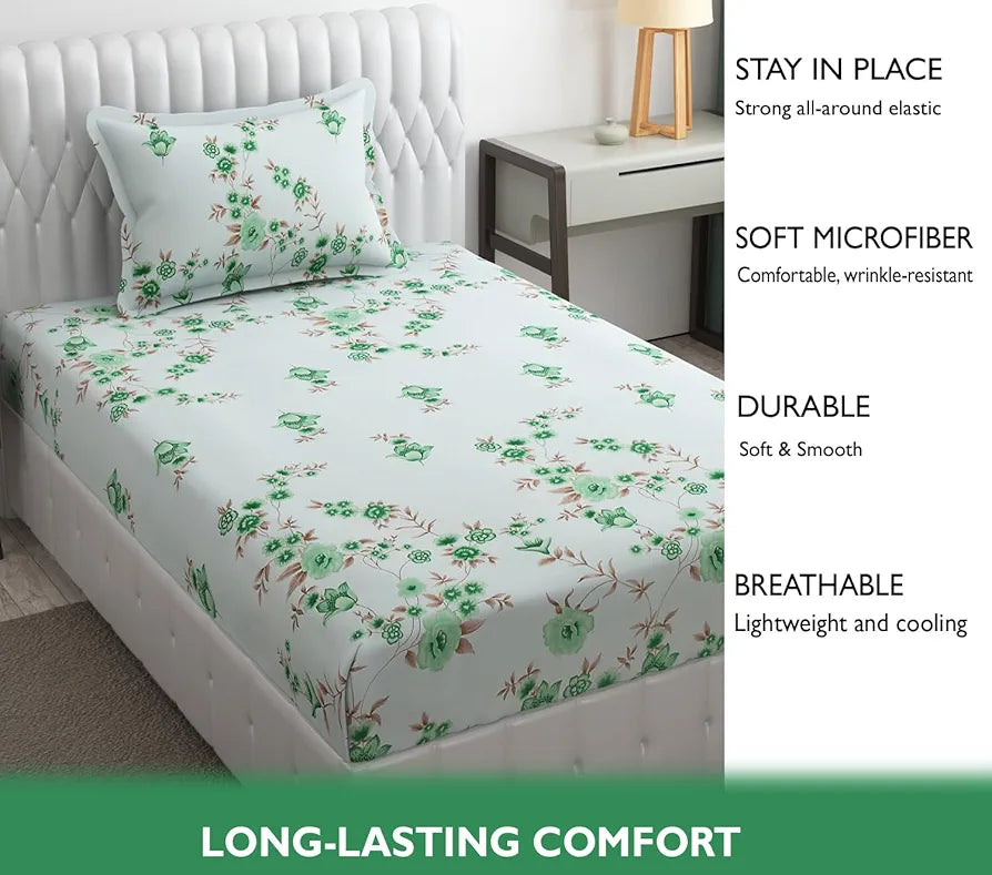 Fresh From Loom Floral Print 240 TC Microfiber Single Bed Bedsheet Set with 1 Pillow Covers Soft-Cyan